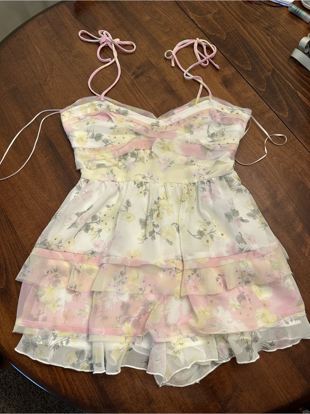 Altar’d State Pink and Cream Floral Ruffle Dress